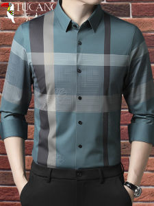 TUCANO Mens Plaid Long Sleeve Shirt Casual No-ironing Young Middle-aged Spring Autumn Luxury Business Casual Standard Fit