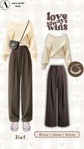 One set Kekinian 3in1 korean Style ( Blouse Trend + Celana + Kalung Kacamata ) AM248R