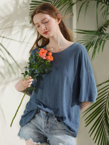 Miccbeirn | Miccbeirn Summer Pure Linen Knitted Solid Color Loose Thin Short Sleeve Round Neck T-Shirt Blue Versatile Workwear Top