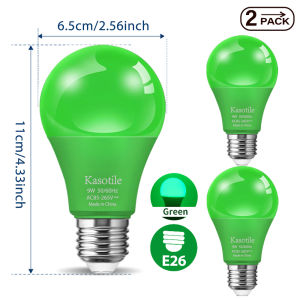 Kasotile 2Pack E26 LED Green Bulb 9W Energy Saving Light for Home Party Courtyard Stage Decoration