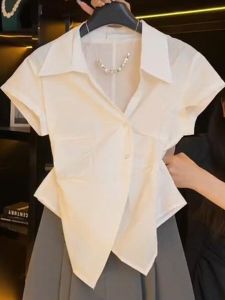 Plus Size White V-neck Short-Sleeved Shirt Womens Summer New Design Sense Niche Style Irregular Cinched Slim Looking Short Top