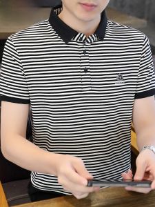 HENGYUANXIANG | Hengyuanxiang Mens Polo Shirt Striped Ice Silk Short Sleeve Collared T-Shirt Breathable Lightweight Summer Fashionable Youthful