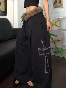 American Style Detachable Fur Collar Wide Leg Pants Womens Loose Dance Jazz Long Trousers with Belt Crossbody Diamond
