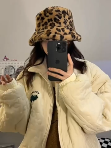 1 PC Womens Leopard Print Plush Bucket Hat Soft Thick Adjustable Winter Windproof Sunshade Warm Fisherman Hat