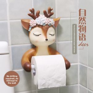 Creative Deer Toilet Paper Holder Wall Mounted No Drilling Required Bathroom Storage Shelf Tissue Box Bracket European Style