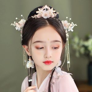 Traditional Chinese Hanfu Hair Accessories Set for Girls Childrens Floral Hairpins Pink Tassel Headwear Complete Girls Hair Decorations