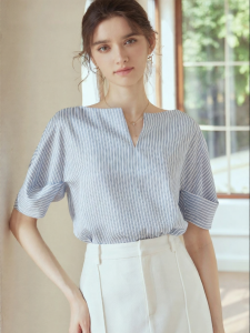 Roey s house | Professional Commuting Striped V-Neck Lantern Sleeve Shirt