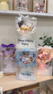 Cotton Flowers With Mix Preserved Flowers Decoration In Clear Box size 30cm x 20cm