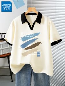 Jeanswest White Polo Collar Short Sleeve T-Shirt Womens Loose Fit Summer New Style Large Size Printed Streetwear Cotton