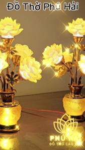 Đèn Thờ Bông Sen 5 Hoa Nhỏ Gọn Cao 40 cm Dâng Bàn Thờ - Chất liệu hợp kim cao cấp - Tặng Led HCM