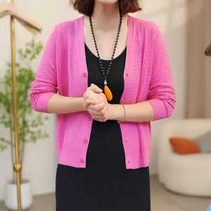 Áo Len Cardigan Dệt Kim Mỏng Dài Tay Bằng Lụa Băng Mùa Hè Cho Nữ Áo Khoác Ngoài Cổ Chữ V Tay Dài Thường Ngày Màu Trơn