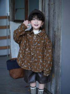 Retro Cartoon Dog Long Sleeve Cotton Shirt Loose Fit Boys Girls Kids Fashionable Harajuku Style Clothing Autumn New Arrival