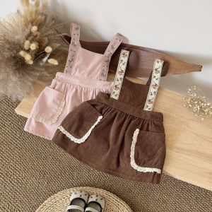 Autumn New Cute and Simple Baby Corduroy Strap Skirt with Lace Edge Pocket Lace Strap Baby Girl Clothes