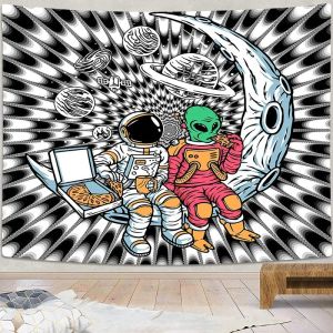 VIKAMA Đen Trắng Phi Hành Gia Ngoài Hành Tinh Pizza Trăng Lưỡi Liềm Op Art Tấm Thảm Ngộ Nghĩnh Không Gian Treo Tường Cho Ký Túc Xá Trang Trí Phòng Ngủ