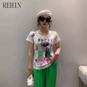REHIN Womens top Summer new fashion Unique rint short-sleeved T-shirt cotton S-3XL slim fit bottoming shirt