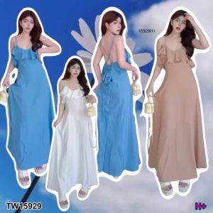 P15929 แม็กซี่เดรสสายเดี่ยวสานหลังรอบอกระบาย One-shoulder maxi dress weaves in the back of the chest