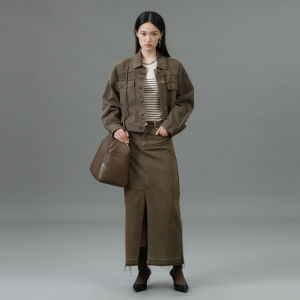 U/TI Brown Wasteland Feel Denim Jacket Womens Versatile Amber Glow Casual Top UY2025 Spring New Style Street Style Cotton 100%