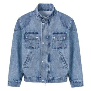 Japanese Okayama Kuroki Fabric Short Stand Collar Washed Denim Jacket