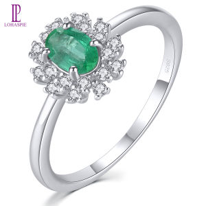 Lohaspie Jewelry Real Solid Sterling Silver 925 Ring Original Natural Emerald Ring Oval Cut Gemstone 925 Silver Ring Green Gem Engagement Ring For Women 925 Silver Jewelry