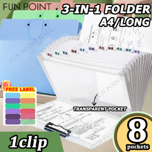 FUN POINT 3-in-1 Long/A4 Expanding File Folder with Clipboard Folder Organizer 8 Pockets Document Storage