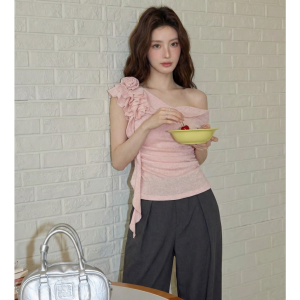YUEZHONGWEI | French Style V-Neck Pink Silk Knit Vest Summer Wear