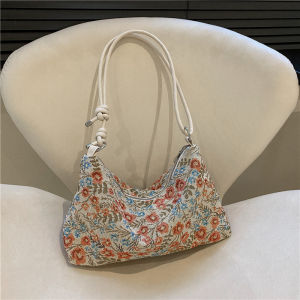 กระเป๋าถือผ้าใบปักลายดอกไม้สไตล์เกาหลีสำหรับผู้หญิง กระเป๋าสะพายไหล่ข้างเดียวแบบอเนกประสงค์ กระเป๋าสะพายข้าง กระเป๋าถือ กระเป๋าสะพายไหล่ กระเป๋าถือแบบอเนกประสงค์