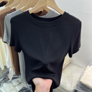 เสื้อยืดคอกลมแขนสั้นถักสำหรับผู้หญิง สไตล์ฤดูร้อน ทรงพื้นฐาน เสื้อเชิ้ตทรงพื้นฐาน สีสันสดใส ผ้าฝ้ายผสมโพลีเอสเตอร์