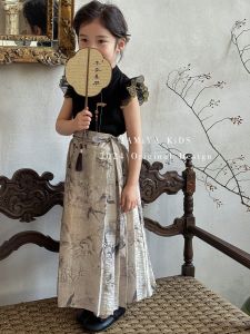 Girls Hanfu Summer New Children Style Dress Ink Painting Horse Tailed Skirt Baby Ancient Style Tang Costume Polyester Fiber Cotton Blend Daily Wear