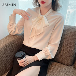 AMMIN เสื้อเชิ๊ตผู้หญิงผ้าชีฟองพลิ้วไหวติดโบว์สีขาวสไตล์เกาหลีชุดเดรสปาร์ตี้ซาตินแขนยาวดีไซน์แฟชั่นอเนกประสงค์จับจีบเสื้อผ้าชีฟองเดินทางฤดูใบไม้ร่วง2023