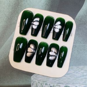 Dark Green Nail Texture Classy Removable Hand-Worn Nail Hand-Painted Cats Eye Small Size Long Fake Nail Patch