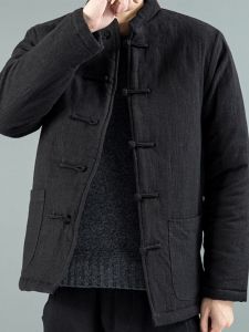 Thickened Winter Cotton Padded Jacket Mens Style Chinese Traditional Clothing Linen Coat with Button Decorations Casual Wear