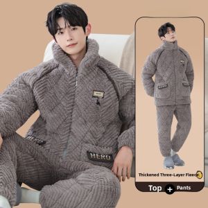 miiow | Mens Winter Thickened Fleece Pajamas Coral Velvet Home Clothes Set Warm Three-layer Cotton Youth Long Sleeve Zipper Nightgown
