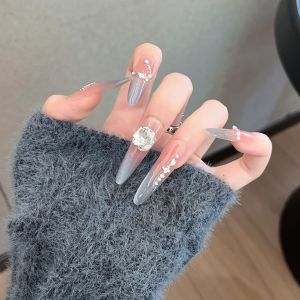 เล็บสวมใส่แบบมีสายตาแมวทำมือ เล็บสวมใส่แบบยาว ความรู้สึกหรูหรา แสงกระพริบ เล็บสวมใส่แบบยาว ชิ้นส่วนเล็บ