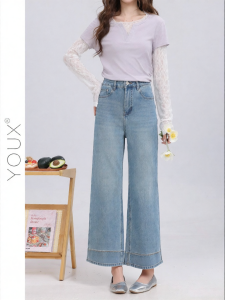 YOUXIANG | Quần Jeans Capri Đùi Dài Form Thẳng Màu Xanh Denim Viền Ren