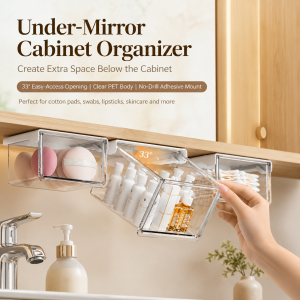 Under Cabinet Drawer Organizer Clear PET ABS Storage Box 33° Tilt Pull Out Makeup Cotton Swab Holder for Bathroom Kitchen