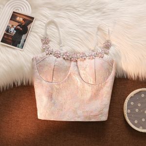 เสื้อกั๊กสายเดี่ยวตกแต่งเพชรสีชมพูสำหรับผู้หญิง เสื้อชั้นในทรงเข้ารูป พร้อมแผ่นเสริมหน้าอก ดีไซน์เปิดหลัง เซ็กซี่ ทรงสั้น สวมใส่สบาย