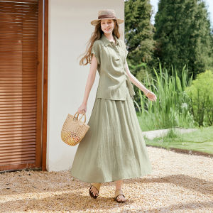 XIANGYING | Summer New Arrival Hemp Linen Casual Shirt and Skirt 3-piece Set
