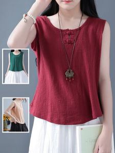 Ethnic Style Retro Solid Color Cotton and Linen Vest Outer Wear Womens Loose Thin round Neck Chinese Knot Button Bottoming Shirt Sling Top