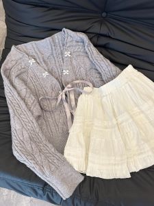 Gray Knitted Open Cardigan Womens Strap Vest Early Autumn Set White Cake Skirt A-Line Skirt Salt Or Sweet Three-Piece Set