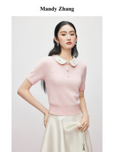 Pink Collared Short Sleeve Contrast Knit Top