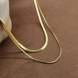BESFOME Simple 18K Gold Stainless Steel Double Layers Herringbone Chain Flat Snake Bone Chain Chocker Necklace for Women