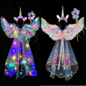 Luminous Angel Feather Wings Childrens Macaron Unicorn COS Flower Fairy Halloween Performance Costume Polyester Material