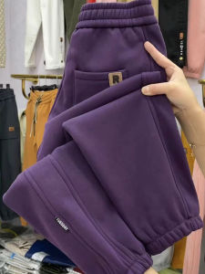 Womens Fleece Lined Thickened Sports Sweatpants Loose Slimming Cuffed Casual Autumn Winter Ankle Length Pants High Waist