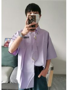 Preppy Style Purple Short-Sleeved Shirt Mens Summer K-style Teenagers Sun Protection Top Fancy Cool Half Shirt
