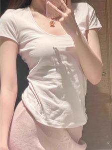 Slim Fit Bamboo Cotton Short Sleeve T-Shirt Womens Summer Basic Style Waist Cinched Flying Sleeve White Top U-Neck Basic Color