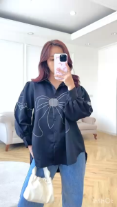 NANDO ATASAN KEMEJA WANITA KOREAN STYLE BORDIR PITA LENGAN BALON PITA KATUN SILK