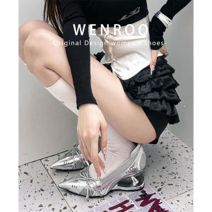 Silver Pointed Toe High Heel Shoes Womens Spring 2025 New Style Butterfly Knot Mesh Upper Slip-On Fashion Single Shoes