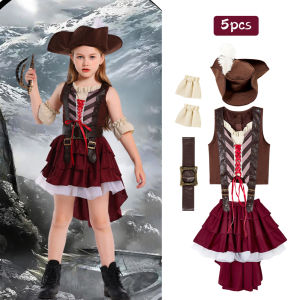 LOlanta 5Pcs Girls Pirate Costume Halloween kids Buccaneer top mini skirt suit Party Dance Clothing 4-16Years
