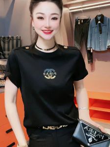 เสื้อเชิ้ตผู้หญิงแขนสั้นคอตั้งพิมพ์ลายตัวอักษรฤดูใบไม้ผลิและฤดูร้อน ทรงหลวม ทรงเข้ารูป เสื้อยืดคอกลม สไตล์เกาหลี