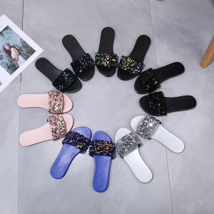 Fashionable Water-Resistant Slippers for Women Beach-Ready Anti-Slip Large Size Glitter Slip-On Roman Style Flat Heel Sandals